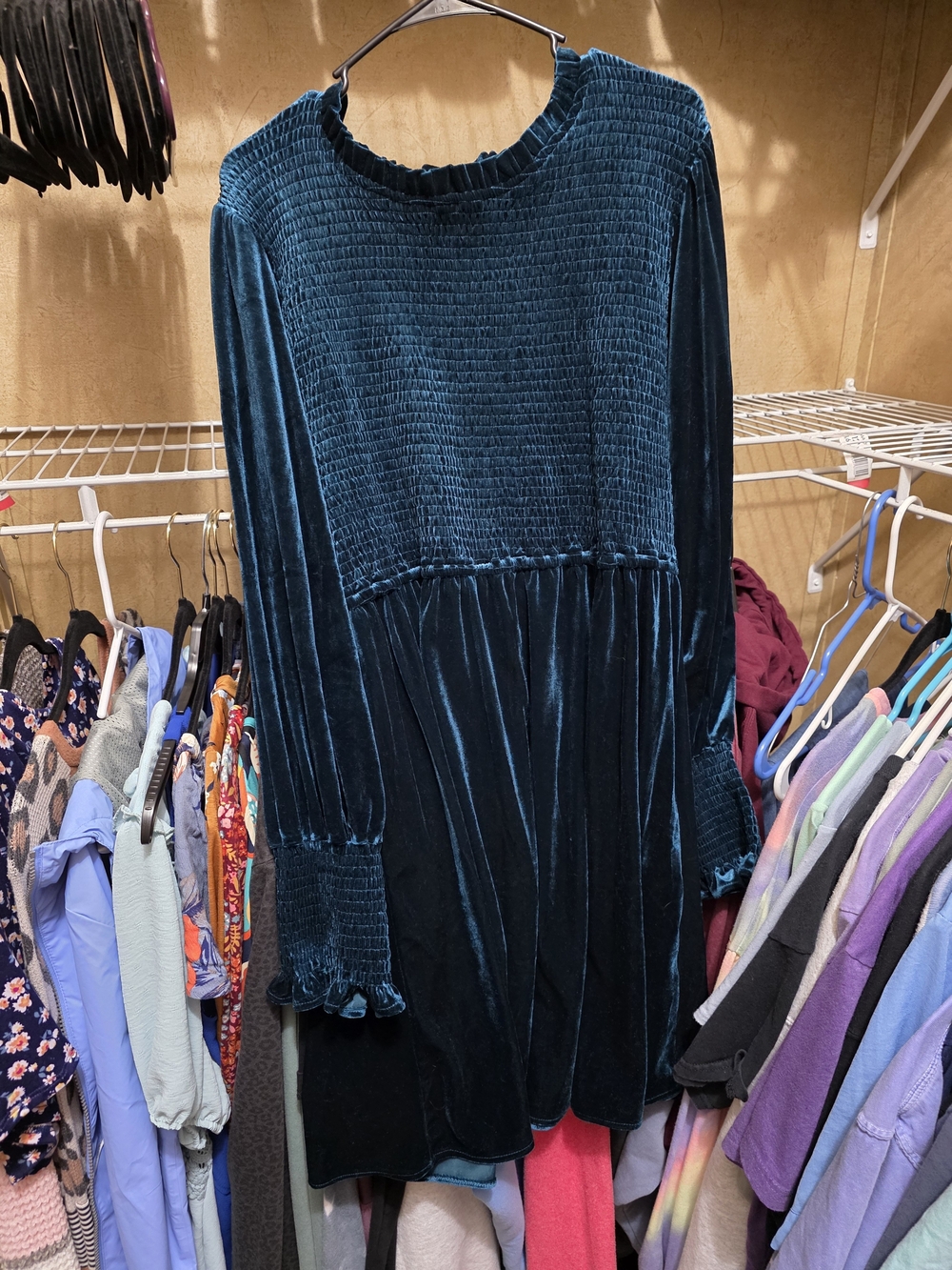 JODIFL Teal Velvet Smocked Long-Sleeve Dress
